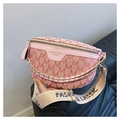 Detail view of pink canvas waist bag with red M letter pattern and metal chain - Pink