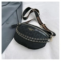 Close-up of black jacquard chest bag with M pattern and dual chain fabric straps - Black