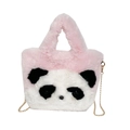 Pink plush panda bucket bag with faux fur texture and detachable gold chain strap - Pink