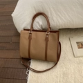 Brown leather and woven texture large tote bag with top handles and adjustable strap - Brown No Pendant