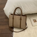 Brown houndstooth patchwork tote bag with cylindrical handles and adjustable strap - Coffee without Pendant