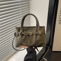 Olive green suede texture tote bag with top handle and adjustable shoulder strap - Green