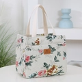 Japanese style canvas lunch bag with red rose floral pattern and woven handles - White Floral