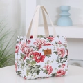Japanese style bucket canvas lunch tote bag featuring a vibrant red rose floral pattern - Red Floral