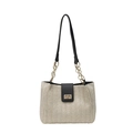 Beige gewebte Strohtasche mit schwarzem Besatz und goldener Kette für den Sommer - Schwarz