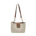 Gewebte Stroh-Tote-Bag in Beige mit dunkelbrauner Lederklappe und Goldkettenriemen - Braun