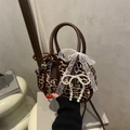 Leopard print Boston bag with white lace bow and brown leather handles for women - Leopard Coffee