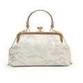 Vintage handtas met kus-sluiting van crème stof met blauw landschapspatroon en gouden ring - Blauw