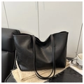 Classic black oily leather tote bag with long shoulder straps for office and daily use - Black