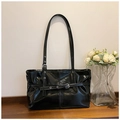 Classic black high-gloss faux leather tote bag with vintage metal buckle and thin straps - Black