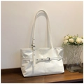 Chic white patent leather tote bag with decorative adjustable strap and metal eyelets - White
