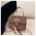 Brown vintage leather crossbody bag with GK letter print and metallic buckle - Coffee