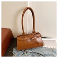 Brown vintage faux leather baguette bag with metal buckle on a blue denim jacket - Brown