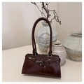 Vintage dark brown faux leather shoulder bag with buckle strap and glossy finish - Coffee