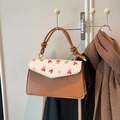 Fashionable caramel and white patchwork crossbody bag with cute bear heart print for women - Heart Bear Style / Brown