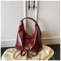 Vintage dark red glossy patent leather tote bag with metallic logo and dual straps - Burgundy