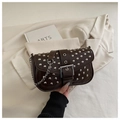 Dark brown punk rivet square bag with silver metal chain and oversized buckle detail - Coffee