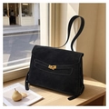 Bolso de hombro retro en ante negro con hebilla dorada y gran capacidad para mujer - Negro