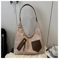 Pink and beige faux suede hobo shoulder bag with brown leather accents and zipper detail - Pink