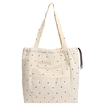 Off-white canvas drawstring tote bag with black polka dots and large front pocket - Beige Polka Dot