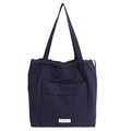 Quilted navy blue puffer tote bag with drawstring closure and large front pocket - Navy Blue