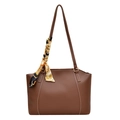 Brown leather tote bag with white stitching and decorative printed silk scarf on handle - Brown