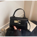 Classic black litchi pattern leather satchel with elegant gold twist-lock closure - Black