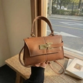 Brown litchi texture leather satchel with golden rectangular clasp and top handle - Khaki