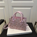 Pink cherry print square tote bag with dual handles and detachable shoulder strap - Pink