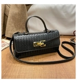 Fashionable black woven leather crossbody bag with elegant gold metal twist lock - Black