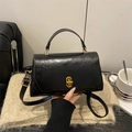 Vintage black crossbody square bag with gold metal buckle on beige knit fabric - Black