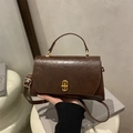 Vintage brown oil wax leather crossbody bag with gold metal buckle and handle - Coffee