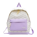 Polka dot backpack in white and black with purple straps and Lolo badge detail - Rice White & Purple