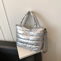 Chic silver metallic quilted puffer tote bag with dual handles and adjustable shoulder strap - Silver