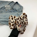 Faux fur leopard print handbag with chunky white chain links and plush top handle - White