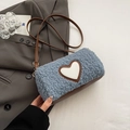Furry heart crossbody bag in light blue plush and brown leather for winter style - Blue