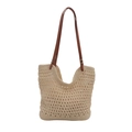 Grande borsa tote in rete intrecciata beige con tracolle in pelle marrone scuro - Bianco