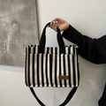 Vertical striped canvas tote bag with black and white color and shoulder strap - Black