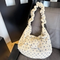 Bolso hobo de felpa blanco roto con motivos florales azules y lazo decorativo - Bolso Tote Beige Corazón Lazo Cordón