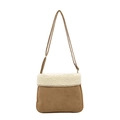 Bolso bandolera de ante sintético marrón con borde de borreguillo blanco y correa fina - Caqui