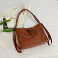 Vintage brown leather tote bag with dual zippers and adjustable shoulder strap - Brown
