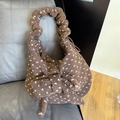 Bolso de invierno de felpa marrón oscuro con estampado floral blanco y lazo - Bolso Tote con Cordón y Lazo Corazón Marrón