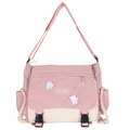 Pink and beige minimalist cargo messenger bag with cute cartoon patches and adjustable strap - Pink