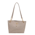 Grande borsa tote beige con stampa M, catena dorata e ciondolo a forma di cervo - Bianco
