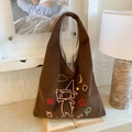 Brown plush tote bag with colorful star and dog embroidery and wide shoulder strap - Magic Dog Brown