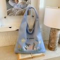 Light blue felt tote bag with cute dog embroidery and Day dream lettering - Coil Dog Light Blue