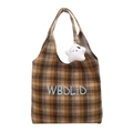 Brown plaid wool tote bag with blue letter embroidery and white plush star charm - Brown
