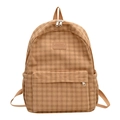Mochila de pana marrón con estampado de cuadros y bolsillos laterales para estudiantes - Caqui