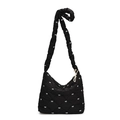 Black quilted tote bag with white bow embroidery and pleated shoulder strap design - Black