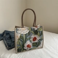 Artistic oil painting floral print canvas tote bag with twin handles for daily wear - Green